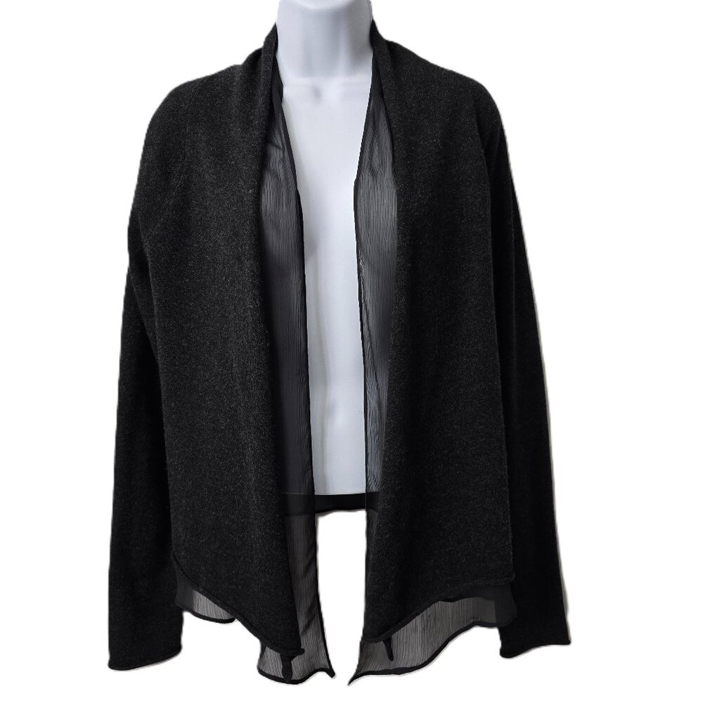 Cashmere Wool Knit Cardigan Sweater M Open Front Sheer Black Layer Robbi & Nikki